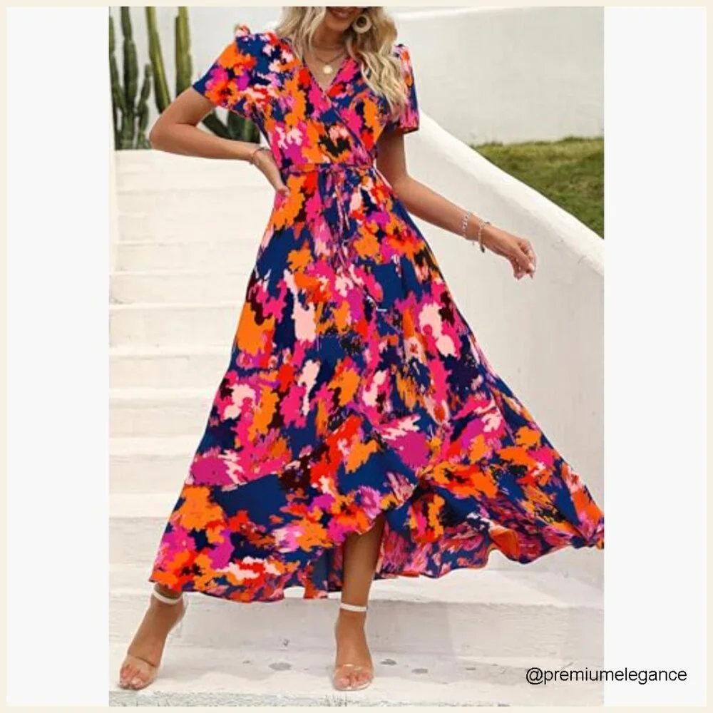 Boho Floral Maxi Dress Wrap V Neck Short Sleeve Summer Beach Wedding Guest - Picture 6 of 7
